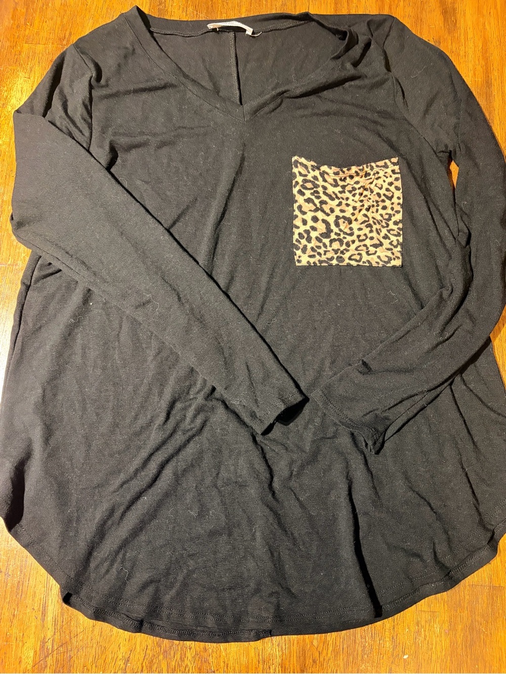 Zenana Outfitters Black Long Sleeve V-Neck Top with Leopard Pocket